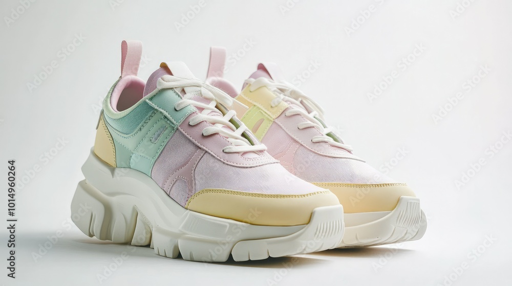 A stylish pair of retro sneakers with pastel colors and chunky soles, placed on a white background, evoking nostalgia and modern street style. A stylish pair of retro sneakers with pastel colors and chunky soles, placed on a white background, evoking nostalgia and modern street style.