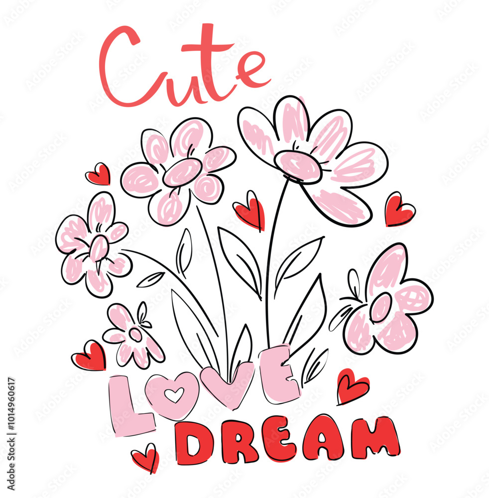 Hand drawn cute heart flowers and leaves vector Hand drawn cute heart flowers and leaves vector