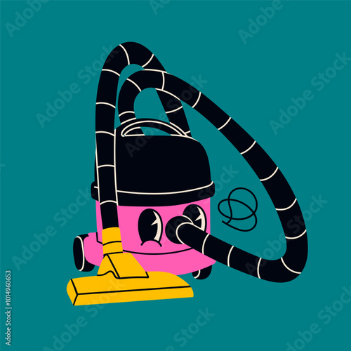 Cute Vacuum cleaner with eyes. Cartoon style, flat design. Hand drawn modern Vector illustration. Isolated element. Cleaning, housework, housekeeping, household concept