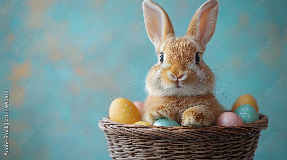 An Easter bunny is sitting in a colorful Easter basket, surrounded by vibrant eggs and spring flowers. The bunny’s fluffy fur and playful expression bring joy and warmth to the scene, making it a deli An Easter bunny is sitting in a colorful Easter basket, surrounded by vibrant eggs and spring flowers. The bunny’s fluffy fur and playful expression bring joy and warmth to the scene, making it a deli