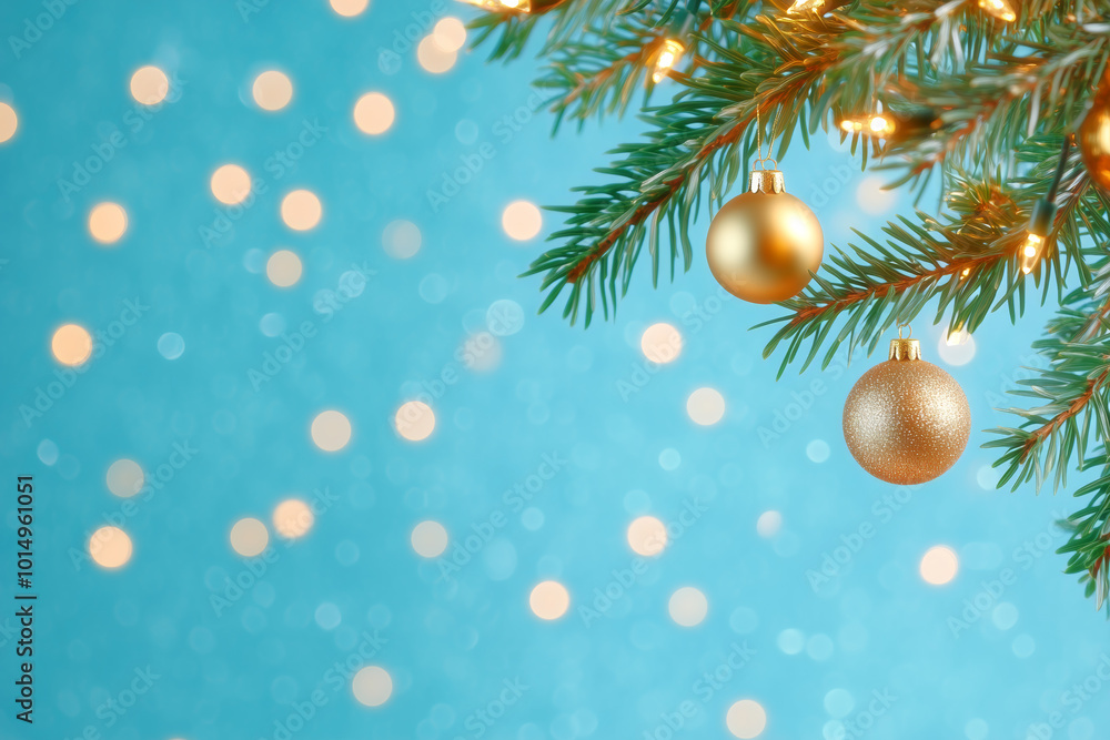 Golden ornaments hanging from a Christmas tree branch with sparkling blue background lights Golden ornaments hanging from a Christmas tree branch with sparkling blue background lights