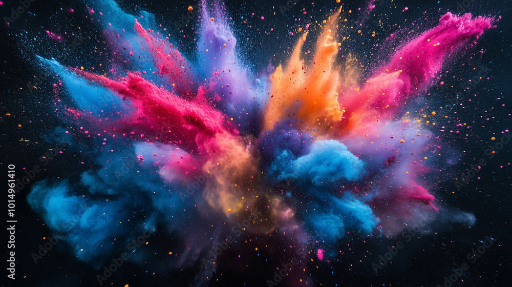 Dark background with a vibrant explosion of colorful powder, creating a dynamic abstract. Clouds of colorful sand and colored powder exploding. Dark background with a vibrant explosion of colorful powder, creating a dynamic abstract. Clouds of colorful sand and colored powder exploding.
