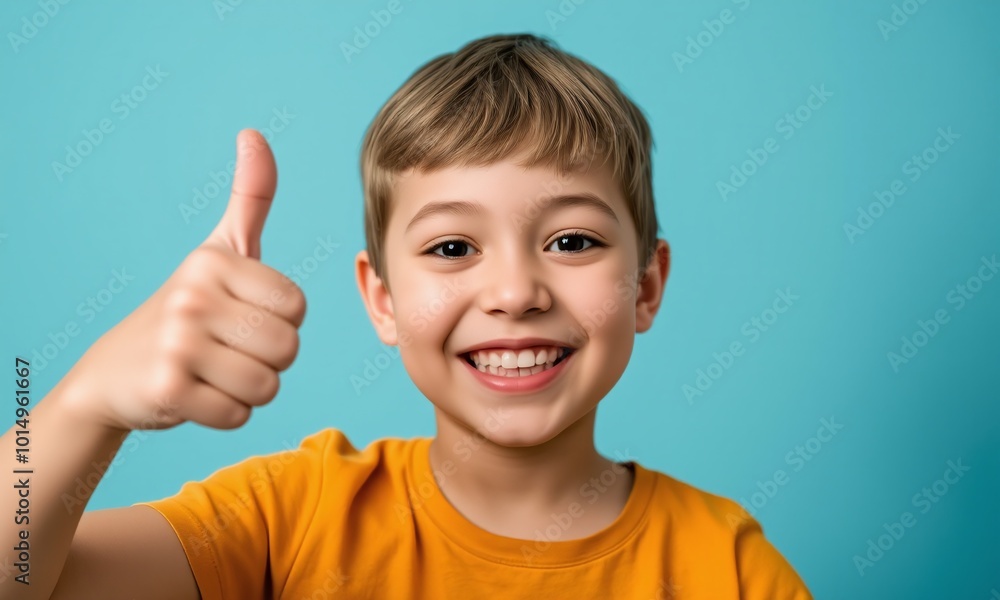 Young child, big smile, thumbs up gesture studio background Young child, big smile, thumbs up gesture studio background