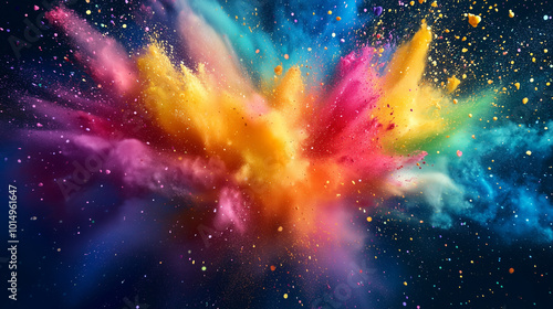 Dark background with a vibrant explosion of colorful powder, creating a dynamic abstract. Clouds of colorful sand and colored powder exploding.