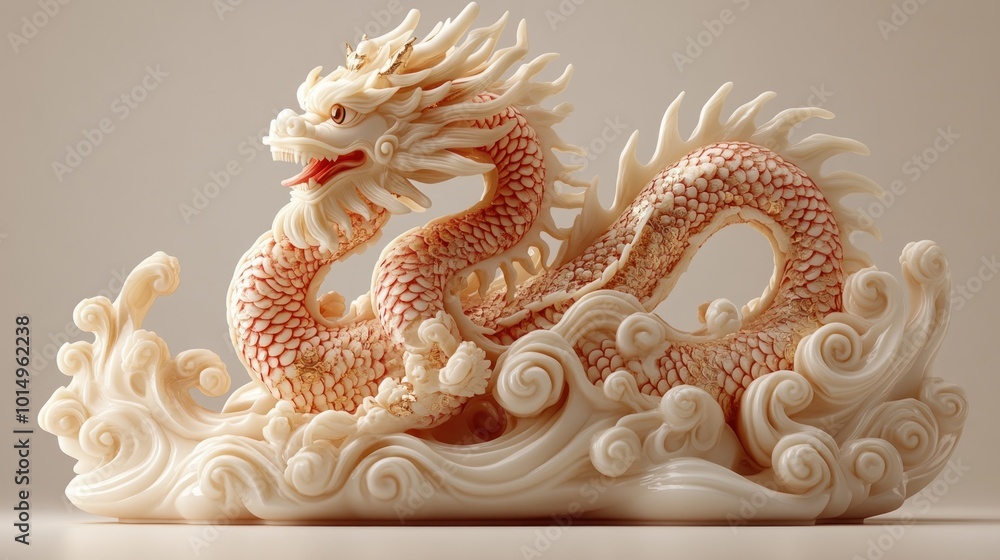 Intricate dragon sculpture carved from ivory, symbolizing power. Intricate dragon sculpture carved from ivory, symbolizing power.