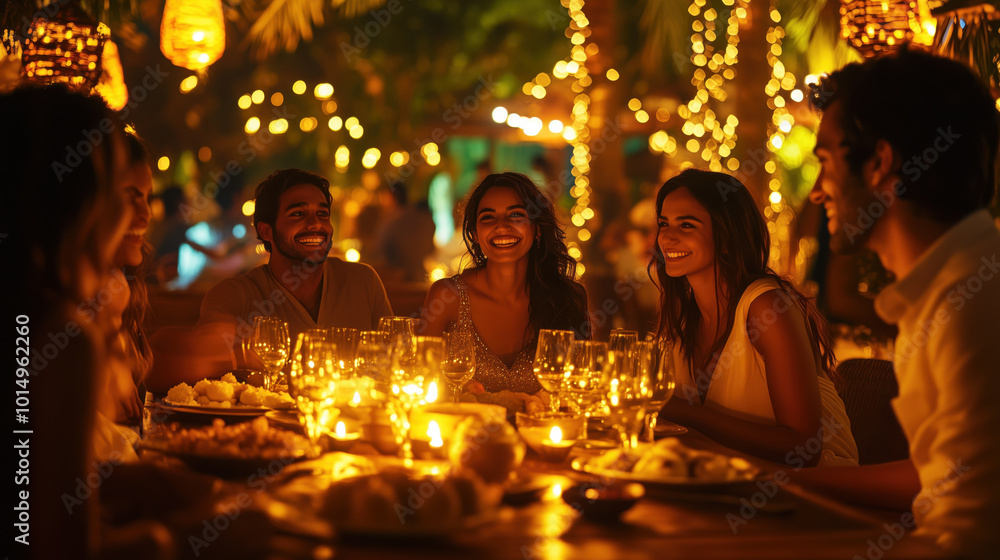 joyful gathering of friends enjoying candlelit dinner together joyful gathering of friends enjoying candlelit dinner together