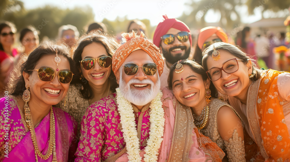 Joyful celebration with friends and family in vibrant attire Joyful celebration with friends and family in vibrant attire