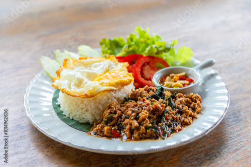 Spicy fried pork with basil leaves, the famous traditional Thai food served with jasmine rice and fried egg.