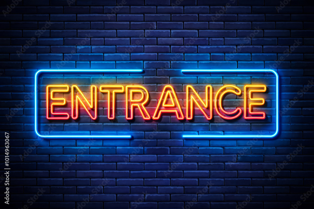 Bright Neon Entrance Sign on Brick Wall Bright Neon Entrance Sign on Brick Wall