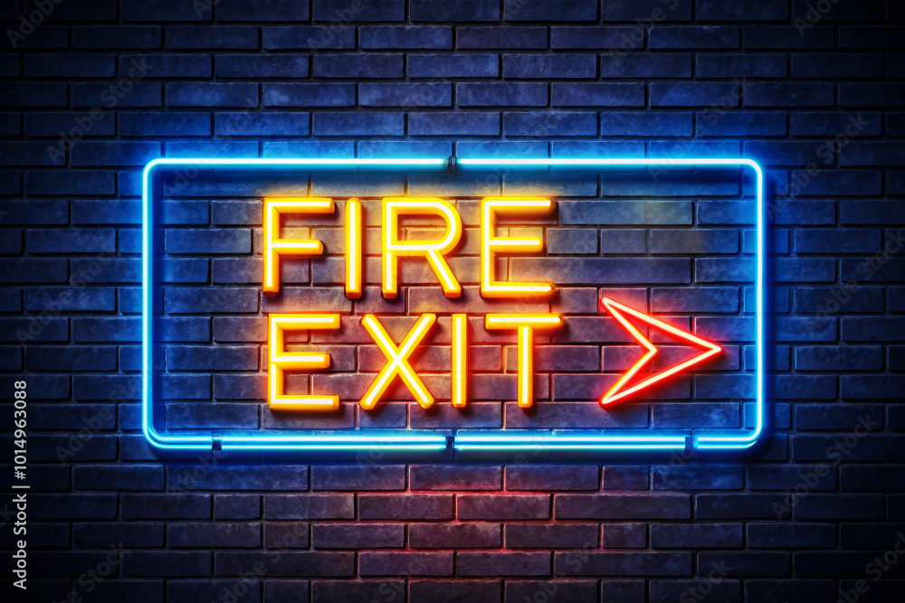 Obraz premium Neon Fire Exit Sign with Right Arrow
