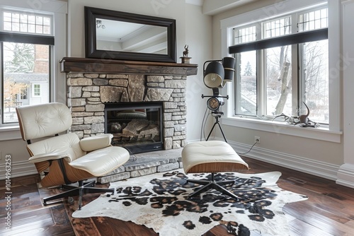 Elegant Living Room with Fireplace, Eames Armchair, and Stained Glass Windows photo