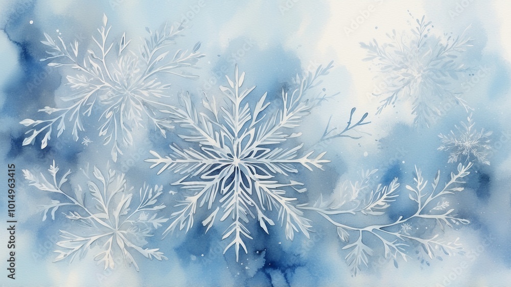 Large white snowflakes on blue watercolor background. Large white snowflakes on blue watercolor background.