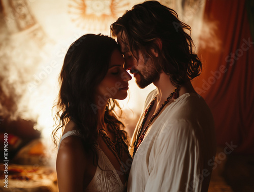 Romantic couple in a candlelit tantric setting with mandala backdrop