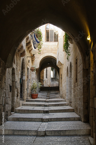 Arched tunnel alleyway and staircase through the Jewish Quarter of the Old City of Jerusalem.