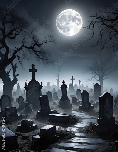 A creepy graveyard at night, filled with crumbling tombstones, fog swirling around the ground, and ghosts hovering under the light of the moon.