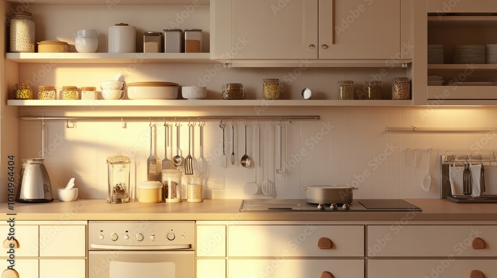 A beige-themed kitchen interior with sleek cooking cabinets, neatly arranged kitchenware, and soft lighting, creating a cozy and modern cooking space. A beige-themed kitchen interior with sleek cooking cabinets, neatly arranged kitchenware, and soft lighting, creating a cozy and modern cooking space.