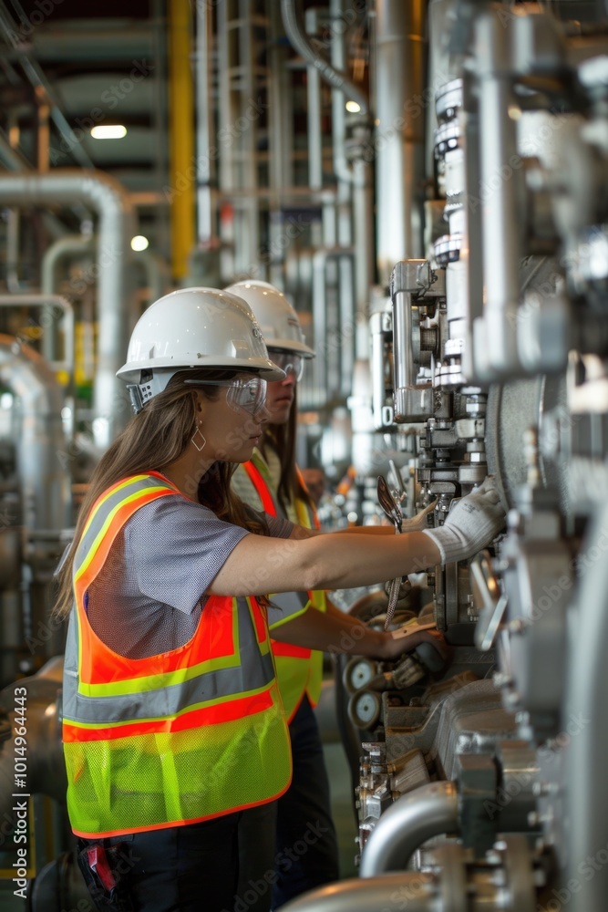 Two women in safety vests working together on a machine, focusing on the task at hand Two women in safety vests working together on a machine, focusing on the task at hand