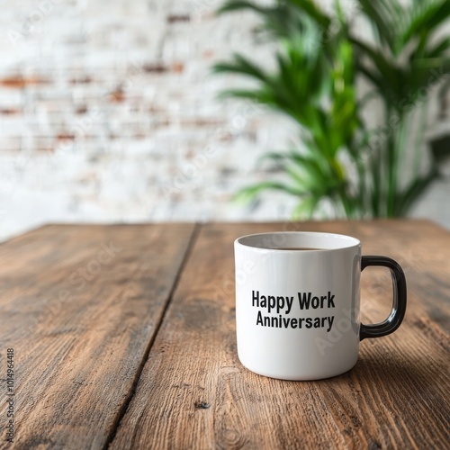 White mug with 'Happy Work Anniversary' text on a wooden table, greenery in the background.