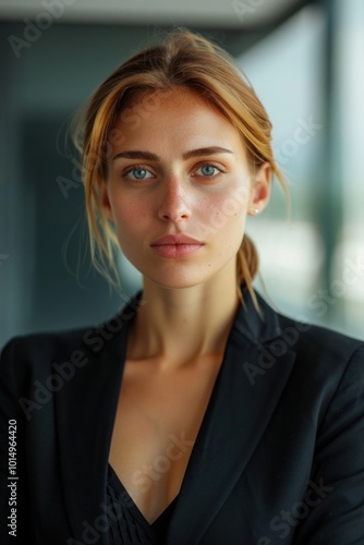 A professional woman dressed in a black suit poses for a photo shoot