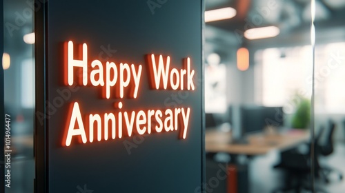 Happy Work Anniversary sign in a modern office setting with a bright and inviting atmosphere.