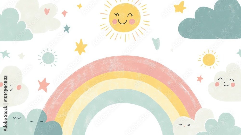 Naklejka premium A cheerful pastel rainbow with fluffy clouds and smiling suns, creating a joyful scene on a bright white background, perfect for children decor.