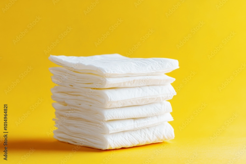 stack of white sanitary napkins on bright yellow background, feminine hygiene and menstrual care products stack of white sanitary napkins on bright yellow background, feminine hygiene and menstrual care products