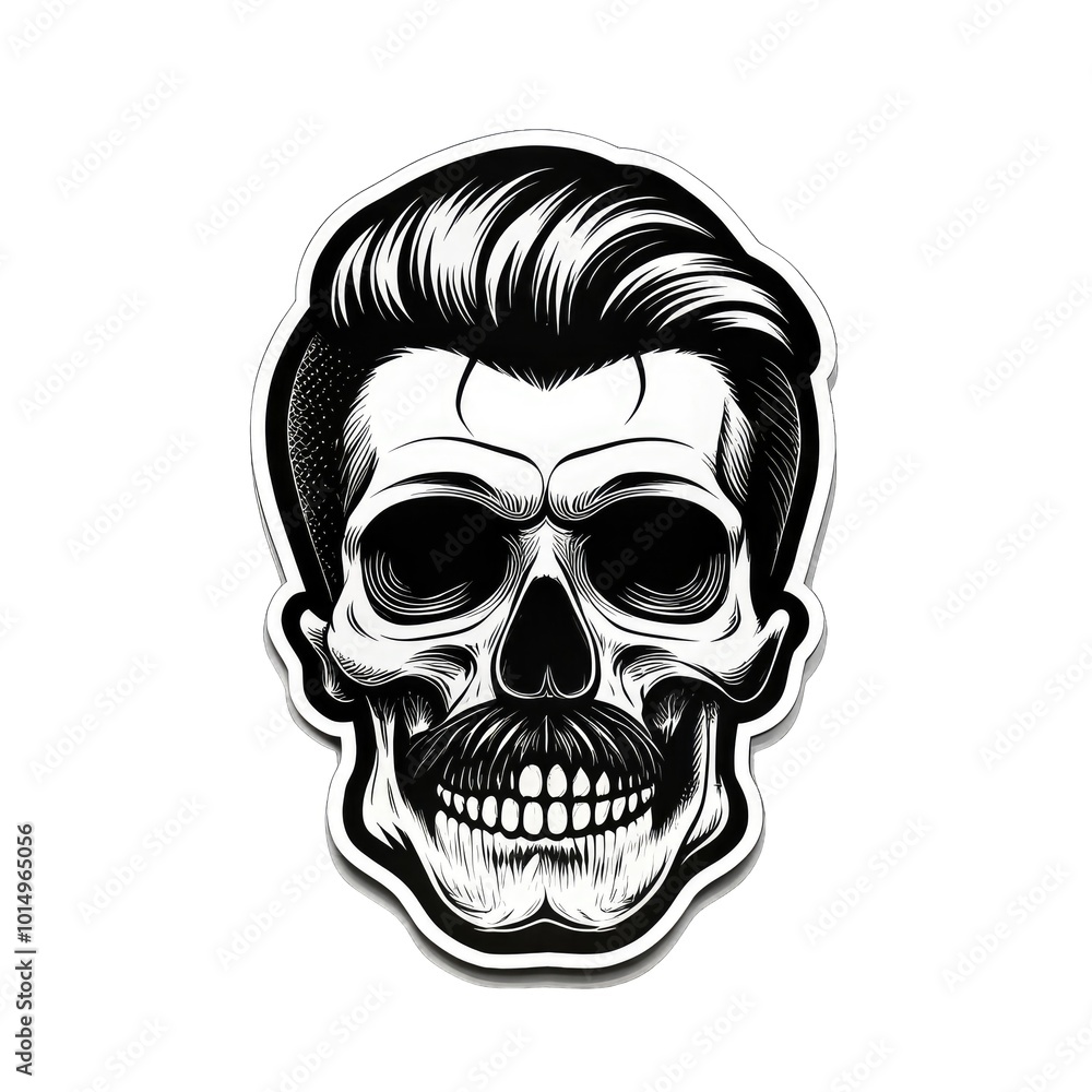A strikingly detailed pop art sticker of a DJ skull adorned with a handlebar mustache and a stylish posh undercut haircut against a solid black background. Intricate Pop Art Sticker of DJ Skull A strikingly detailed pop art sticker of a DJ skull adorned with a handlebar mustache and a stylish posh undercut haircut against a solid black background. Intricate Pop Art Sticker of DJ Skull