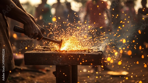 A blacksmith hammers glowing metal, creating sparks amid a bustling workshop, showcasing the art of traditional craftsmanship. photo