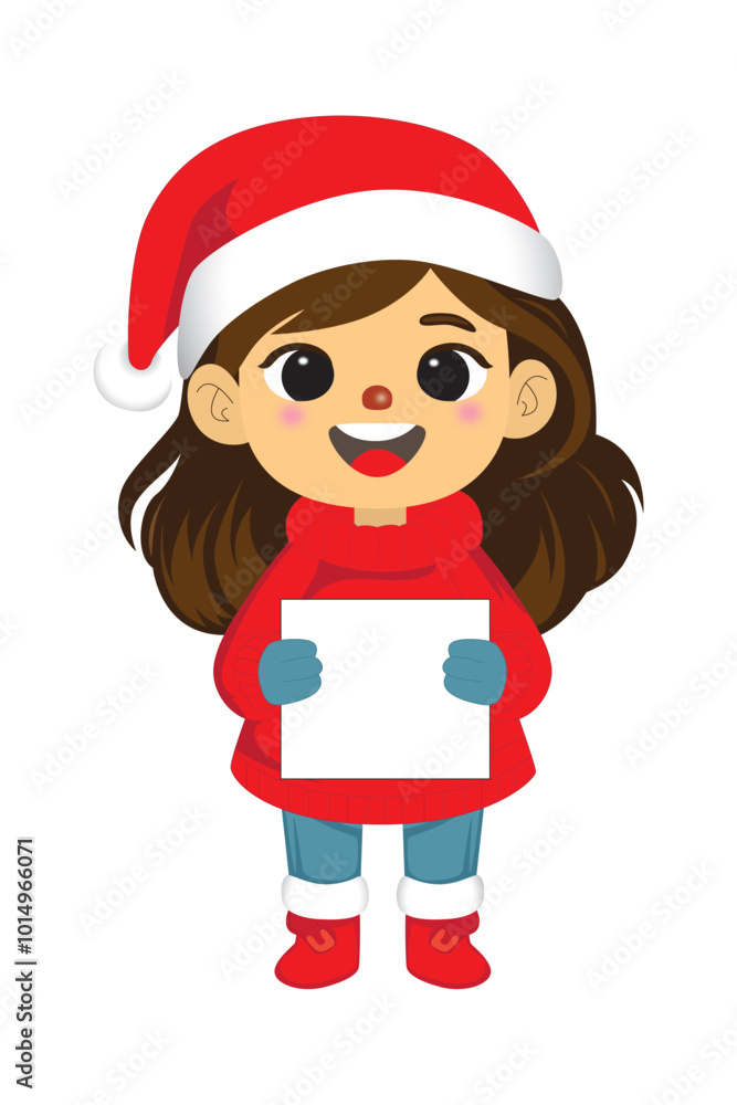 Smiling girl holding blank board, wearing christmas clothes, isolated vector illustration eps 10