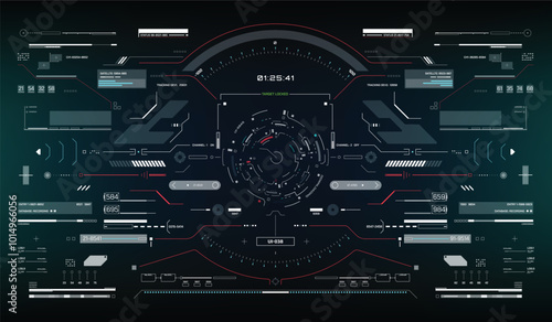 Fototapeta Naklejka Na Ścianę i Meble -  Technology futuristic system of HUD monitoring screen interface element. UI, GUI, drone, VR, game display template vector.
