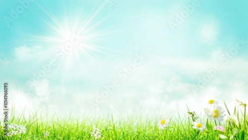 A bright and serene landscape with grass and flowers under a clear blue sky.