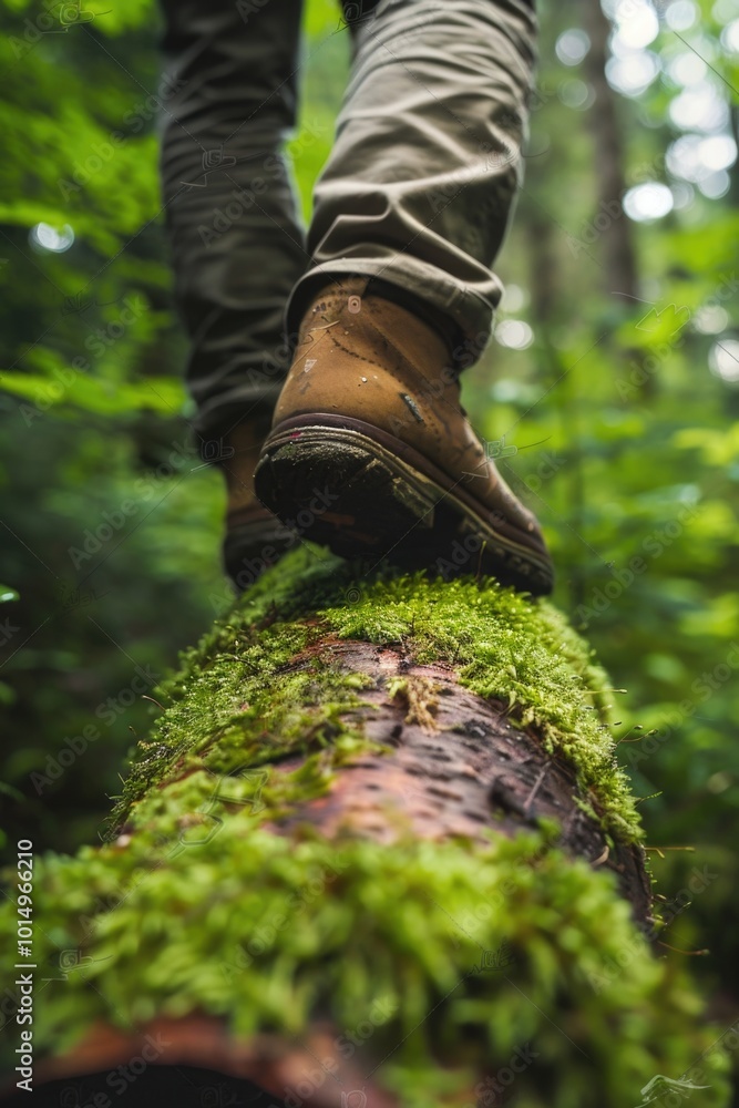 A person walking on a moss-covered log in a forest or woods setting A person walking on a moss-covered log in a forest or woods setting