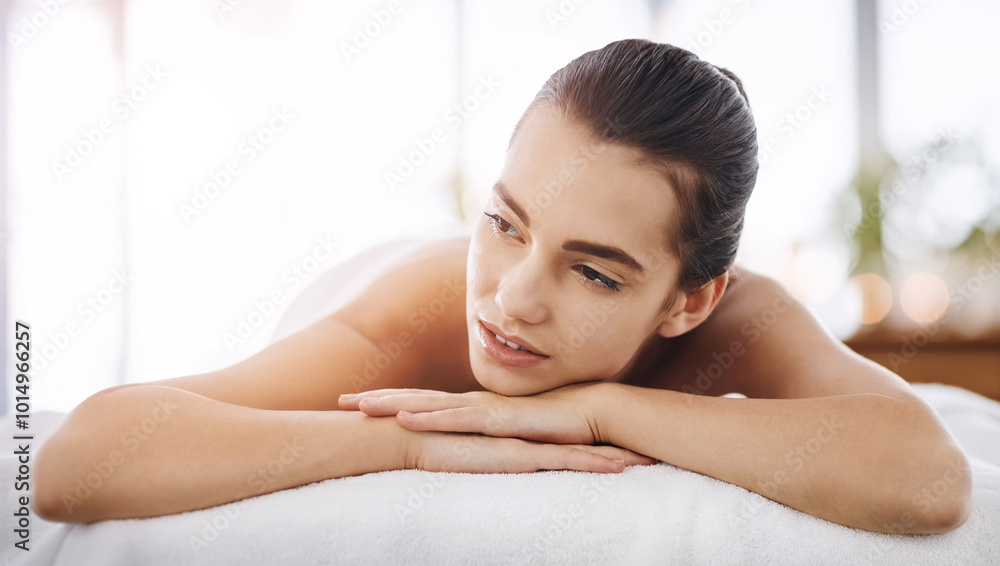 Relax, massage and thinking with woman at spa for skincare therapy, zen and beauty treatment. Detox, holistic healing and salon with person at hotel resort for cosmetics, wellness center and pamper Relax, massage and thinking with woman at spa for skincare therapy, zen and beauty treatment. Detox, holistic healing and salon with person at hotel resort for cosmetics, wellness center and pamper