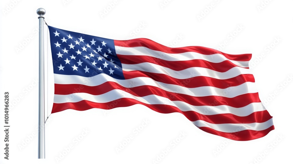 A waving American flag with red and white stripes and blue field featuring white stars, symbolizing patriotism and national pride. A waving American flag with red and white stripes and blue field featuring white stars, symbolizing patriotism and national pride.