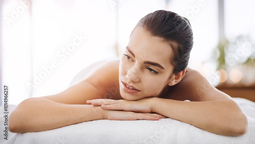 Relax, massage and thinking with woman at spa for skincare therapy, zen and beauty treatment. Detox, holistic healing and salon with person at hotel resort for cosmetics, wellness center and pamper