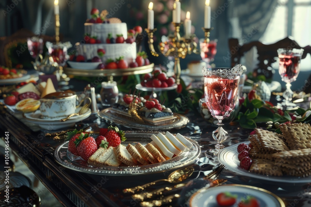 A beautifully set table with various dishes and candles for a special occasion or dinner party A beautifully set table with various dishes and candles for a special occasion or dinner party