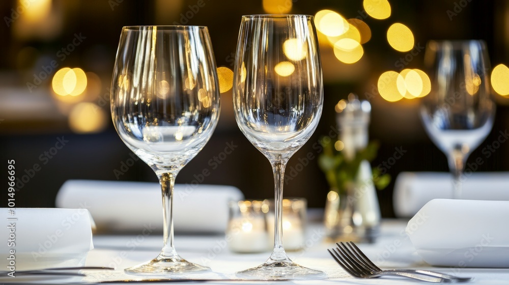Elegant Table Setting with Wine Glasses and Bokeh Lights Elegant Table Setting with Wine Glasses and Bokeh Lights