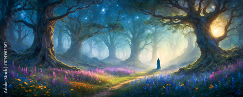 A cloaked person stands on a forest path surrounded by vibrant flowers, gazing at a giant tree bathed in moonlight.