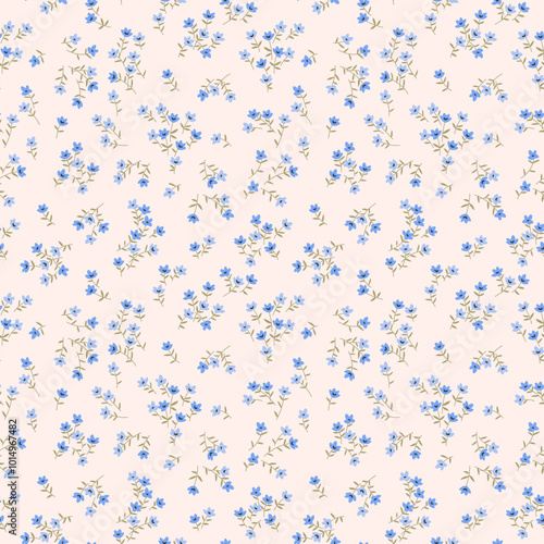 Vintage floral background. Seamless vector pattern for design and fashion prints. Flowers pattern with small blue flowers on a light ivory background. Ditsy style.