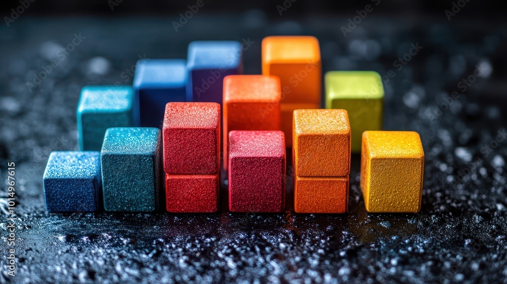 Obraz premium A colorful arrangement of textured cubes, varying in height and hue, creates a visual pattern against a dark surface.