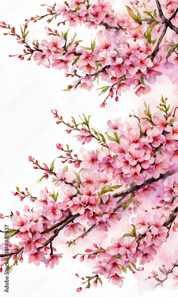 Pink cherry blossoms in full bloom, with a few buds still closed, on a branch against a soft, cloudy sky. Pink cherry blossoms in full bloom, with a few buds still closed, on a branch against a soft, cloudy sky.