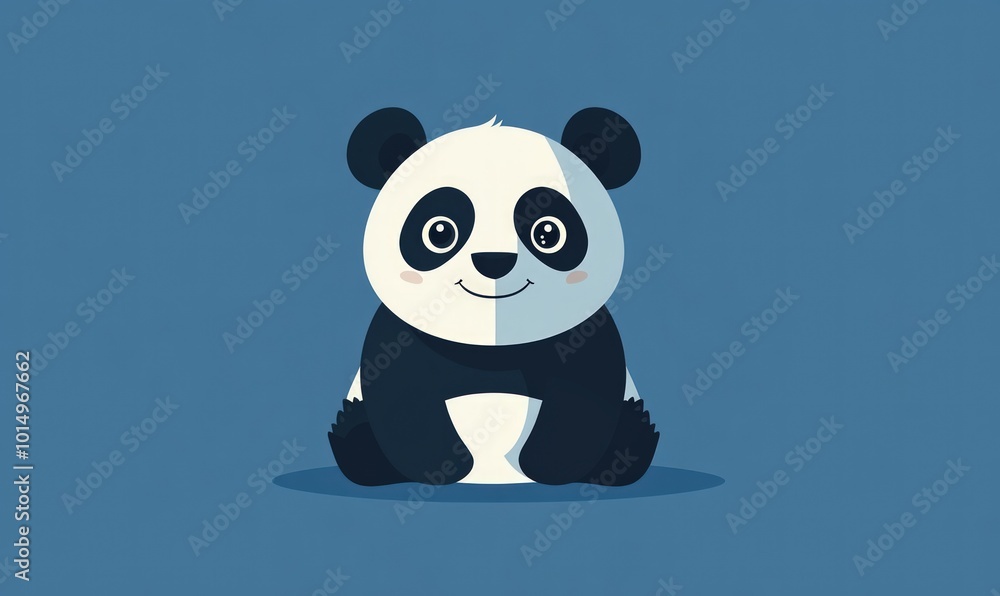 Adorable cartoon panda bear with big eyes and a smile sitting on a blue background. Adorable cartoon panda bear with big eyes and a smile sitting on a blue background.