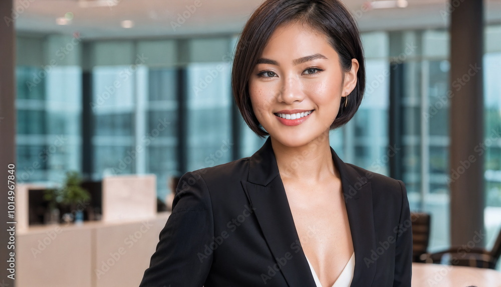 Asian woman wearing black blazer and skirt stands in professional pose, her arms crossed, in an office building with light background. Her hair is short and styled, and she is wearing a white blouse Asian woman wearing black blazer and skirt stands in professional pose, her arms crossed, in an office building with light background. Her hair is short and styled, and she is wearing a white blouse