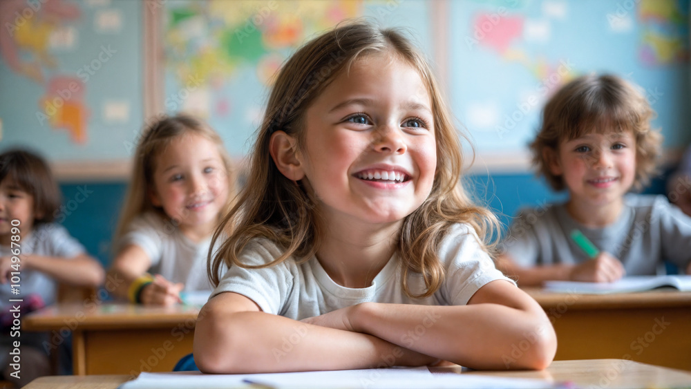 A cheerful young girl sits at her desk in a brightly lit classroom, confidently writing with a pencil. Other children are focused on their own tasks, creating an engaging learning environment. A cheerful young girl sits at her desk in a brightly lit classroom, confidently writing with a pencil. Other children are focused on their own tasks, creating an engaging learning environment.