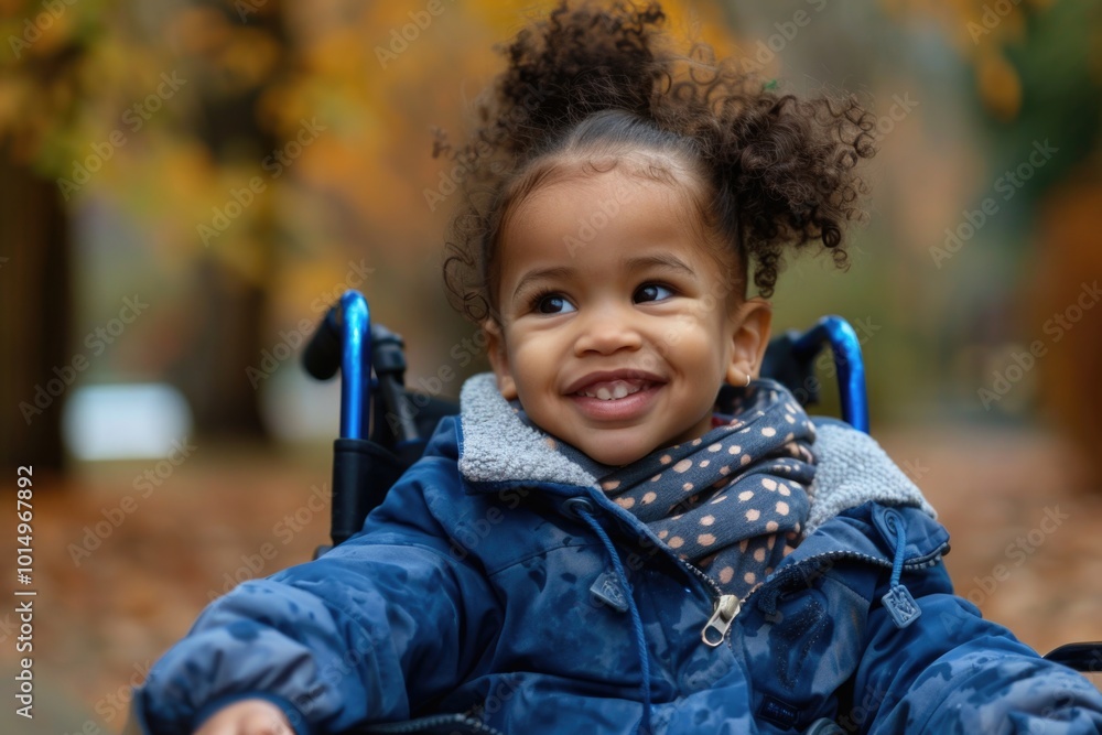 A young girl sits in her wheelchair, looking directly at the camera A young girl sits in her wheelchair, looking directly at the camera