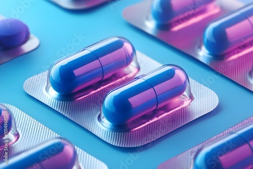 Blue and Purple Capsules in a Blister Pack on a Blue Background