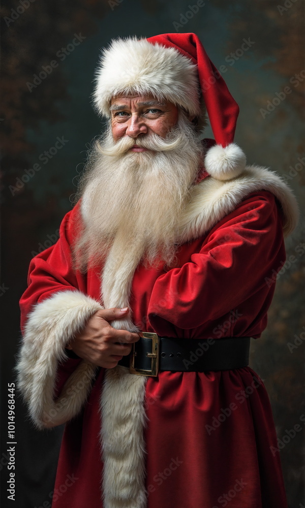 Santa Claus, dressed in a vibrant red suit adorned with golden details, stands beside a beautifully decorated Christmas tree, radiating holiday cheer with a warm smile. Santa Claus, dressed in a vibrant red suit adorned with golden details, stands beside a beautifully decorated Christmas tree, radiating holiday cheer with a warm smile.