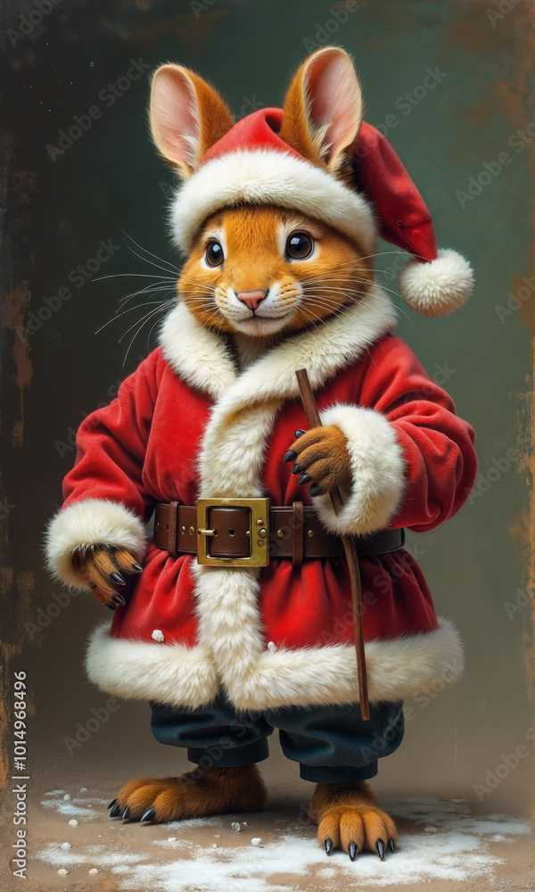 A festive rabbit in a traditional red Santa coat and hat poses with a playful expression, holding a stick, exuding holiday cheer and warmth during winter celebrations. A festive rabbit in a traditional red Santa coat and hat poses with a playful expression, holding a stick, exuding holiday cheer and warmth during winter celebrations.