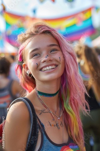 A young woman with bright pink hair and a colorful rainbow design on her face, suitable for use in creative projects related to youth culture or artistic expressions