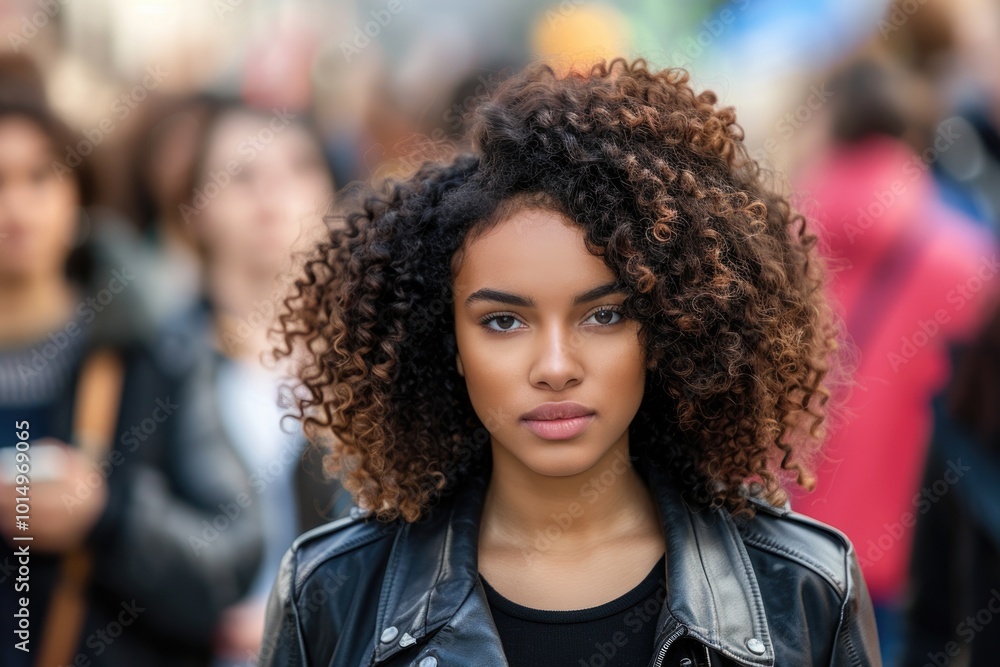 Portrait of a woman with curly hair wearing a leather jacket, suitable for fashion or lifestyle illustrations Portrait of a woman with curly hair wearing a leather jacket, suitable for fashion or lifestyle illustrations